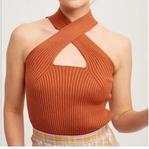 Ribbed Cross-Neck Halter Tank Top - Rust
